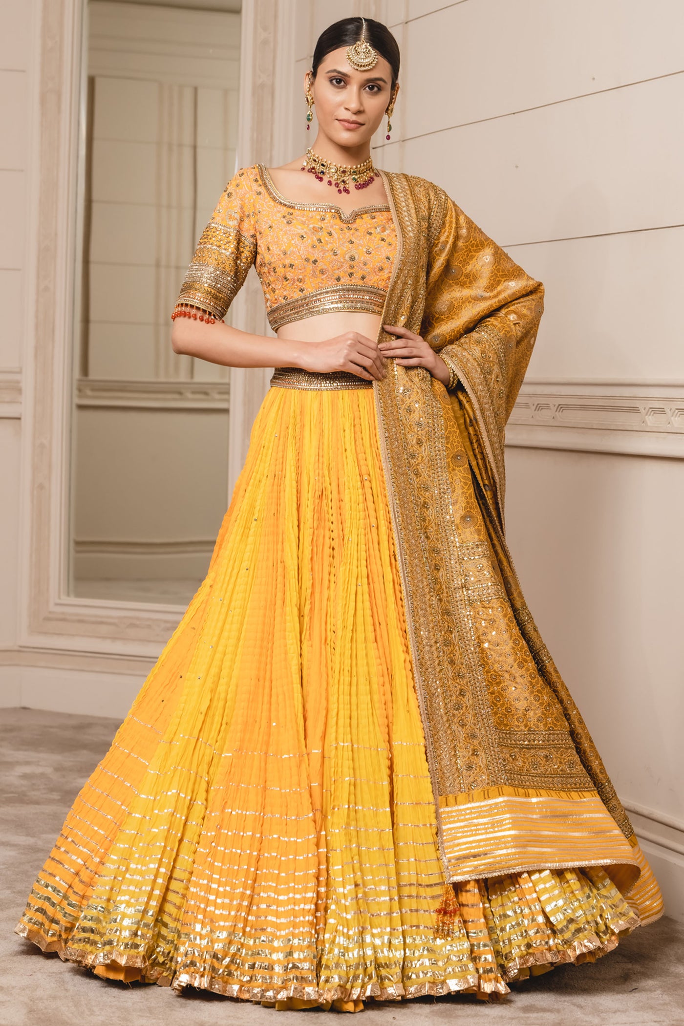 Tarun Tahiliani Crushed Chanderi Lehenga Paired With Blouse And Brocade Dupatta festive indian designer fashion online shopping melange singapore