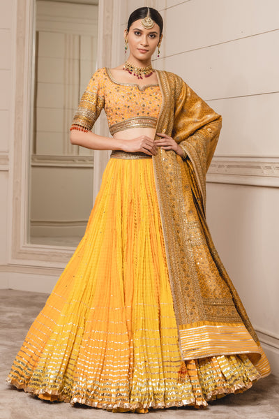 Tarun Tahiliani Crushed Chanderi Lehenga Paired With Blouse And Brocade Dupatta festive indian designer fashion online shopping melange singapore