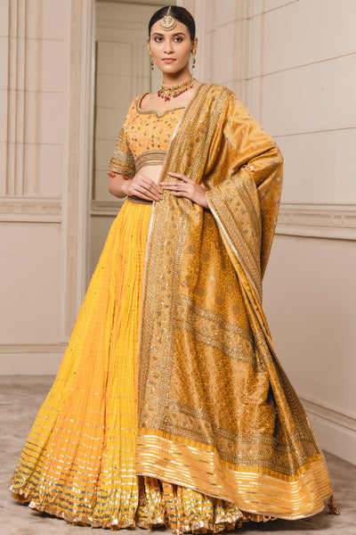 Tarun Tahiliani Crushed Chanderi Lehenga Paired With Blouse And Brocade Dupatta festive indian designer fashion online shopping melange singapore