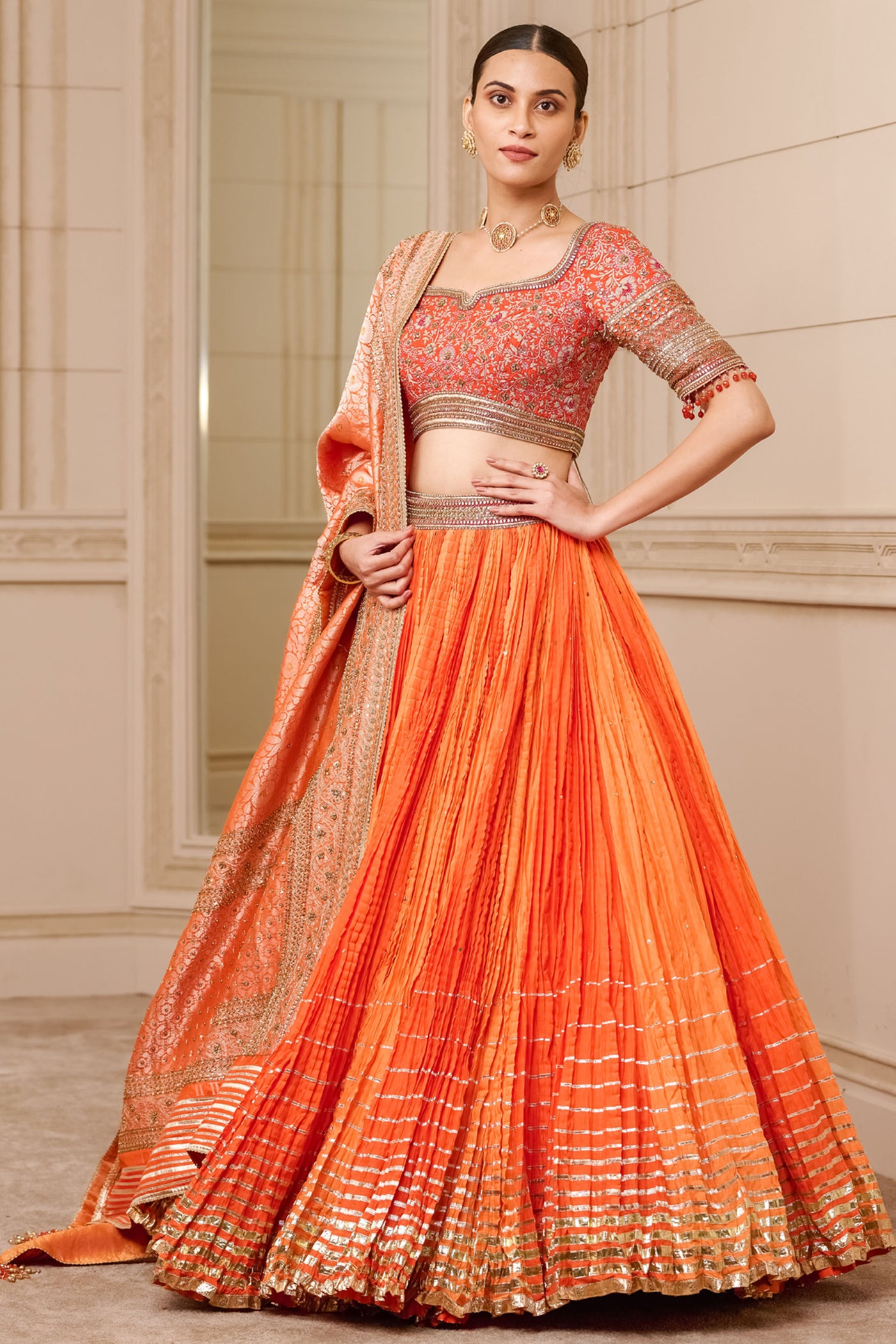 Tarun Tahiliani Crushed Chanderi Lehenga Paired With Blouse And Brocade Dupatta festive indian designer fashion online shopping melange singapore