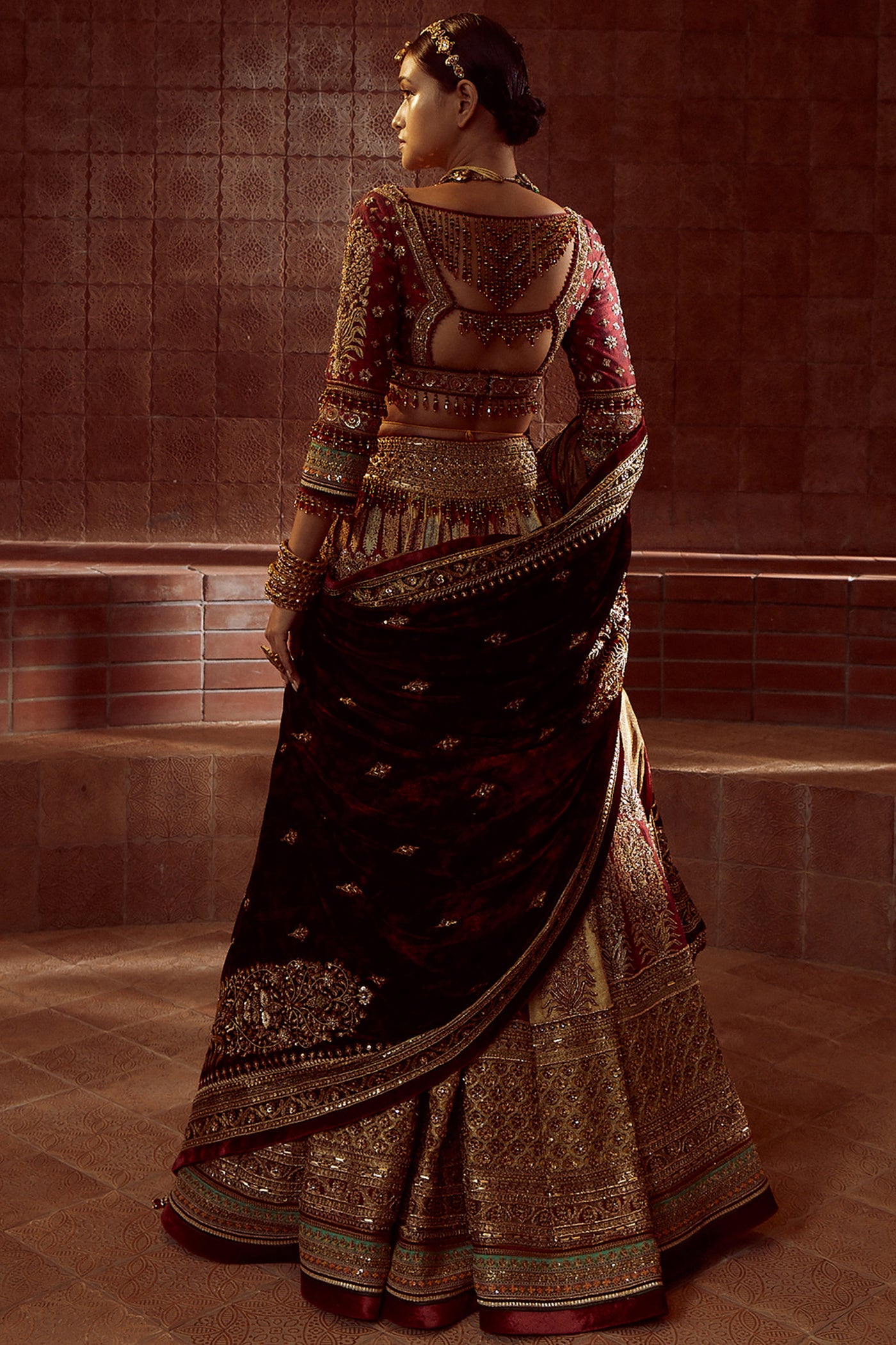 Tarun Tahiliani Wine And Gold Digitally Printed Embroidered Lehenga With Matching Blouse And Dupatta wine gold occasion indian designer wear indian bridal online shopping melange singapore