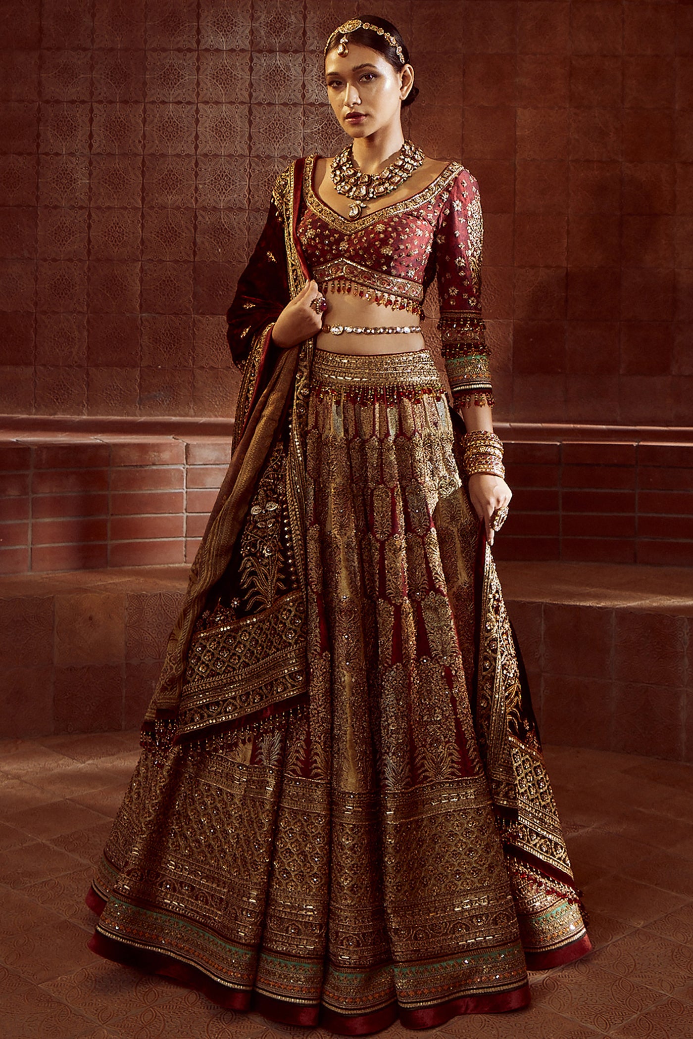 Tarun Tahiliani Wine And Gold Digitally Printed Embroidered Lehenga With Matching Blouse And Dupatta wine gold occasion indian designer wear indian bridal online shopping melange singapore
