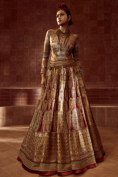 Tarun Tahiliani Digitally Printed Embroidered Lehenga With Printed Bodysuit wine gold occasion indian wedding bridal designer wear online shopping melange singapore