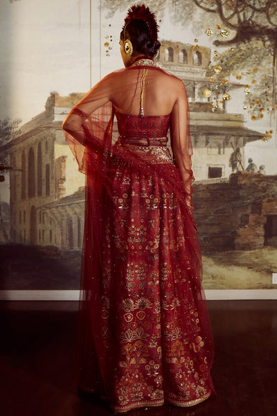 Tarun Tahiliani Digitally Printed Skirt With Matching Trousers And Bustier And Tulle Cape wine festive indian designer wear wedding bridal occasion online shopping melange singapore