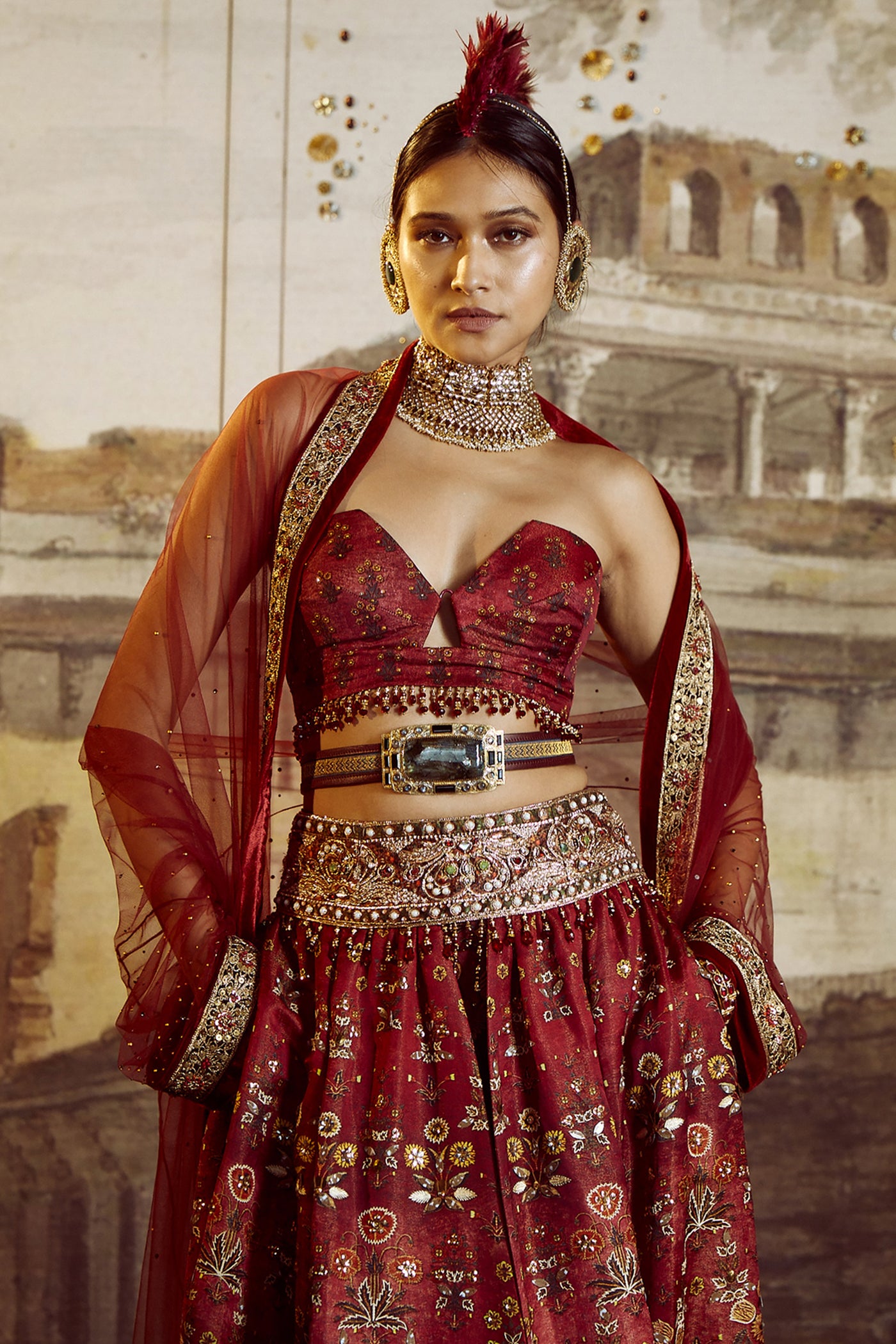 Tarun Tahiliani Digitally Printed Skirt With Matching Trousers And Bustier And Tulle Cape wine festive indian designer wear wedding bridal occasion online shopping melange singapore