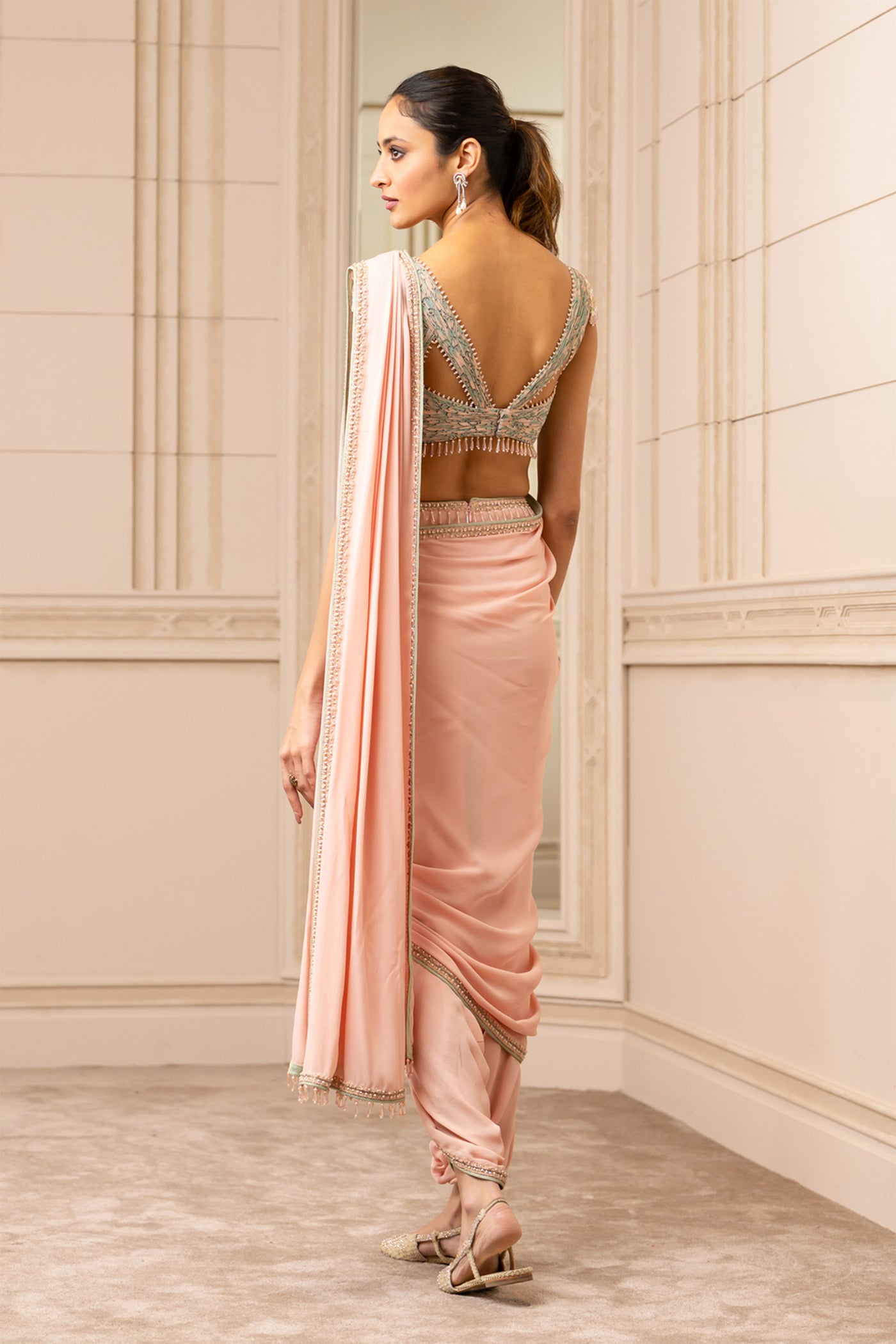 Tarun Tahiliani Dhoti-Drape Saree With Printed Blouse blush festive occasion indian designer wear online shopping melange singapore