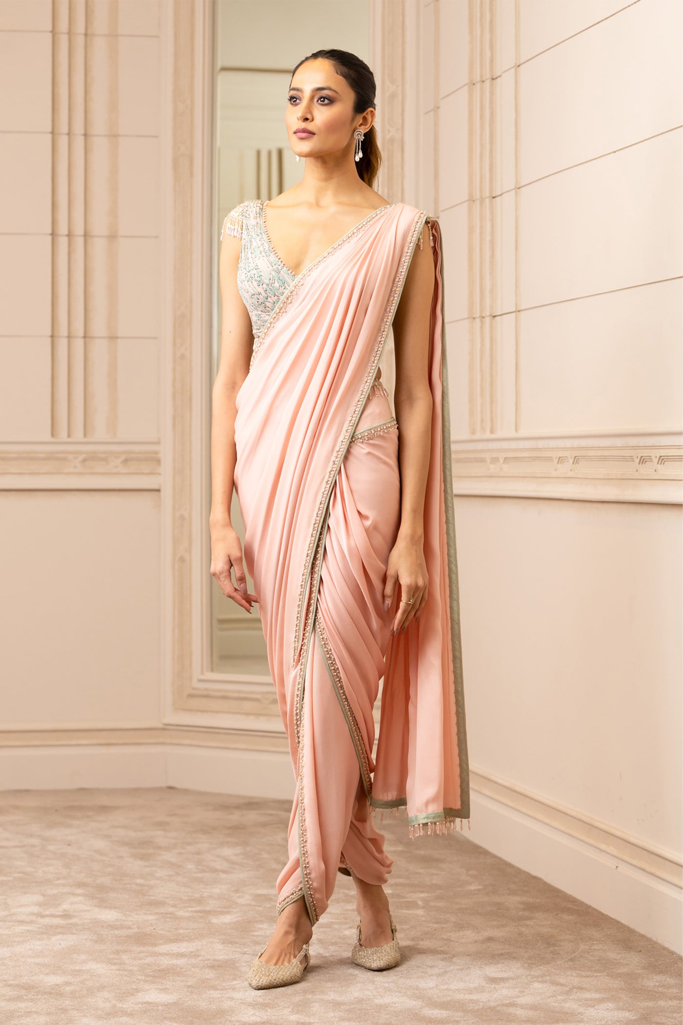 Tarun Tahiliani Dhoti-Drape Saree With Printed Blouse blush festive occasion indian designer wear online shopping melange singapore