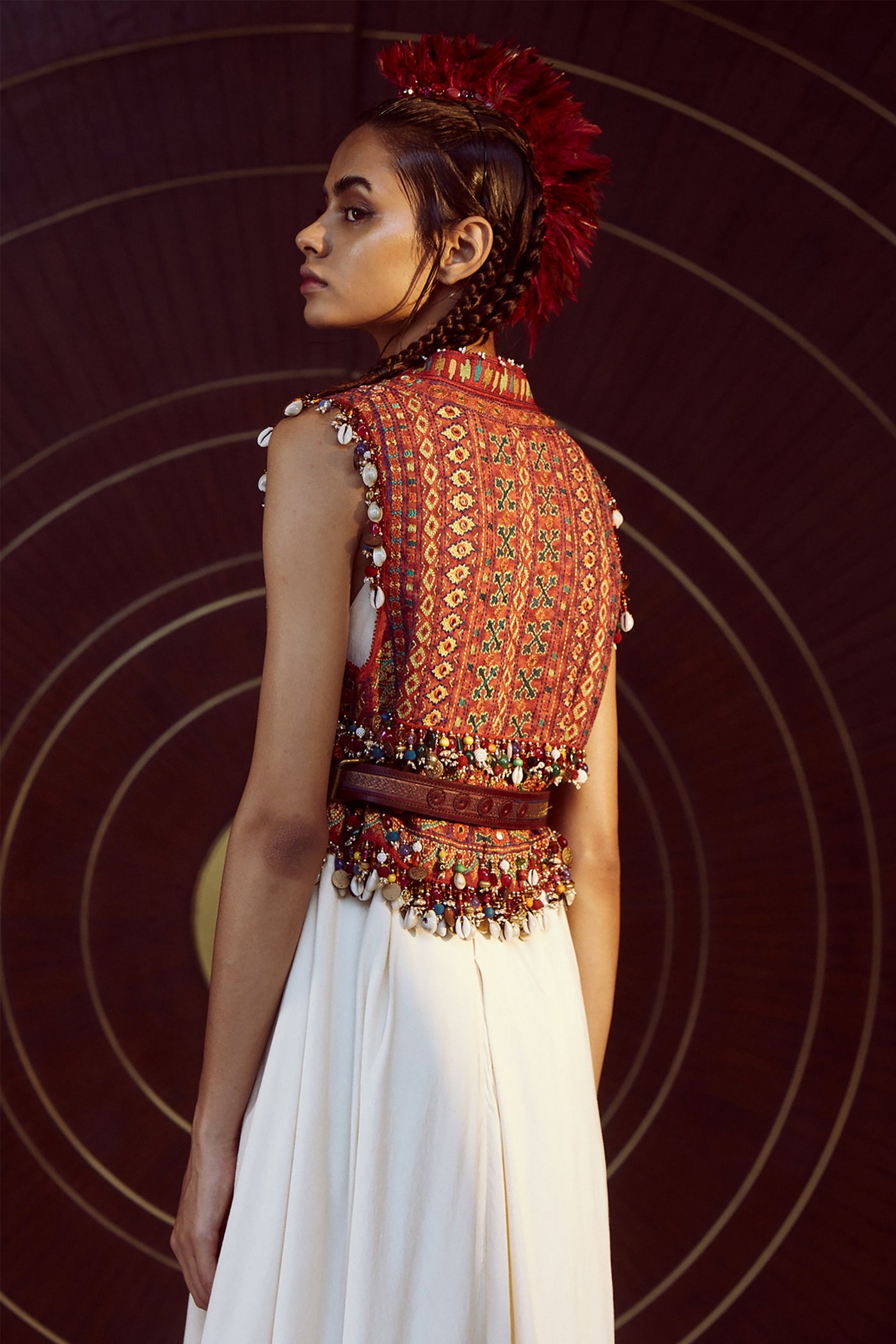 Tarun Tahiliani Digitally Printed Gilet In Ikat Motifs Paired With Sleeveless Draped Dress fusion indian designer wear red ivory online shopping melange singapore