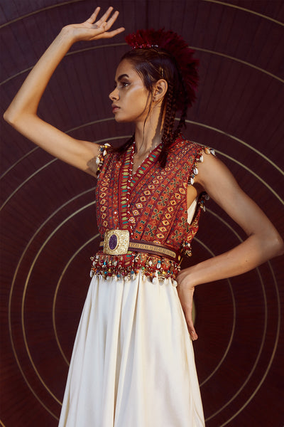 Tarun Tahiliani Digitally Printed Gilet In Ikat Motifs Paired With Sleeveless Draped Dress fusion indian designer wear red ivory online shopping melange singapore