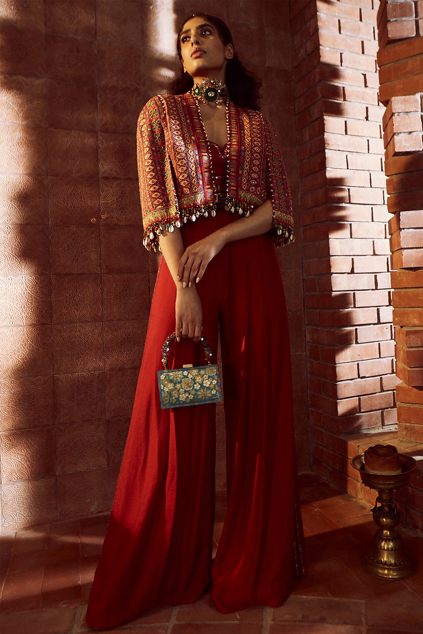 Tarun Tahiliani Digitally Printed Cape In Ikat Motifs Paired With Flared Jumpsuit red festive indian designer wear online shopping melange singapore