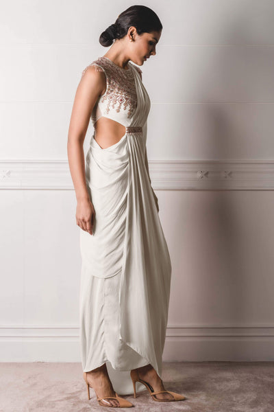 Ivory Draped Concept Saree With Attached Blouse