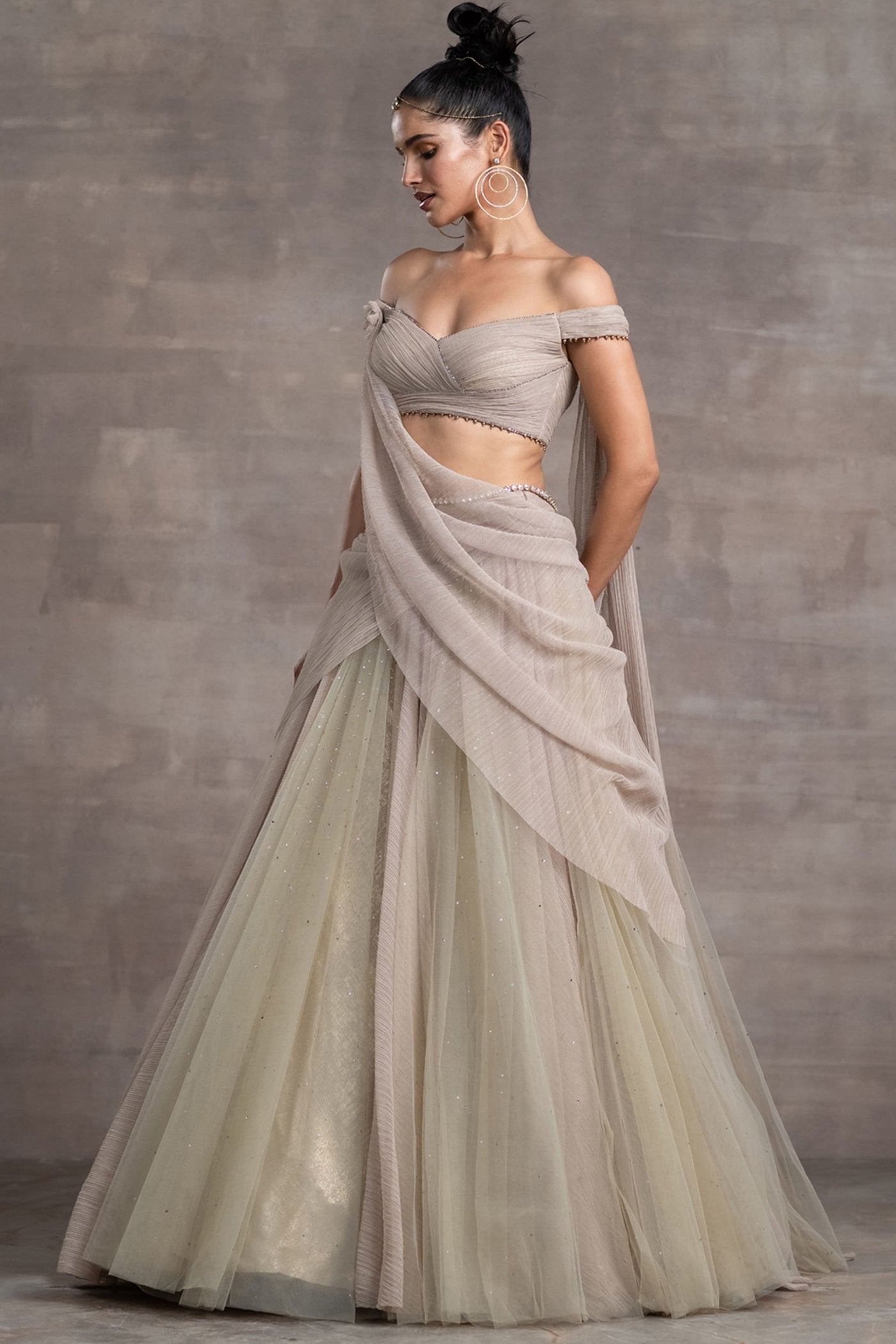 Tarun tahiliani Draped Lehenga gold indian designer wear bridal wedding online shopping melange singapore