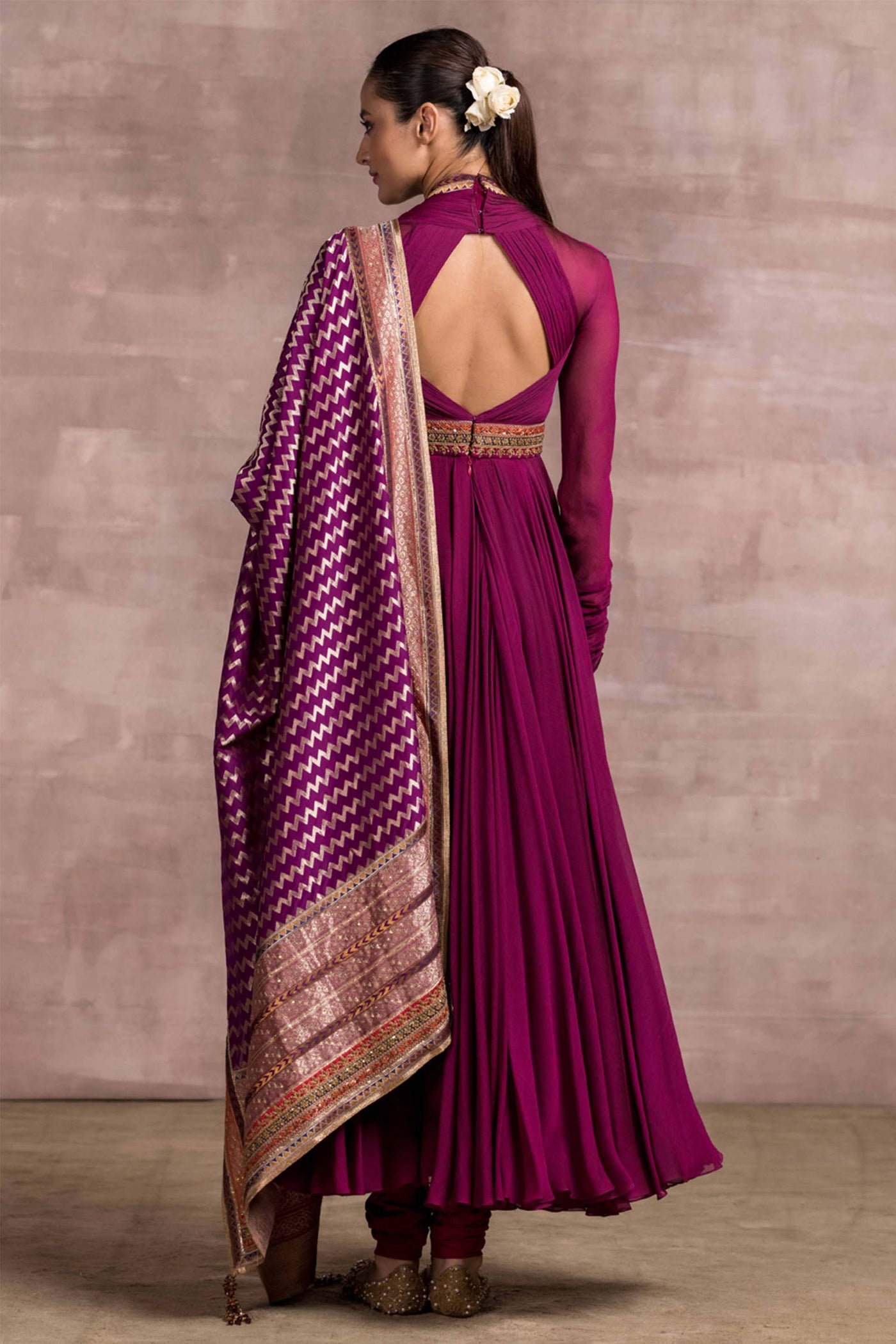 Tarun Tahiliani Draped Anarkali In Shot Chiffon Fabric With Handloom Dupatta And Churidar festive indian designer wear online shopping melange singapore