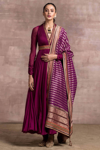 Tarun Tahiliani Draped Anarkali In Shot Chiffon Fabric With Handloom Dupatta And Churidar festive indian designer wear online shopping melange singapore