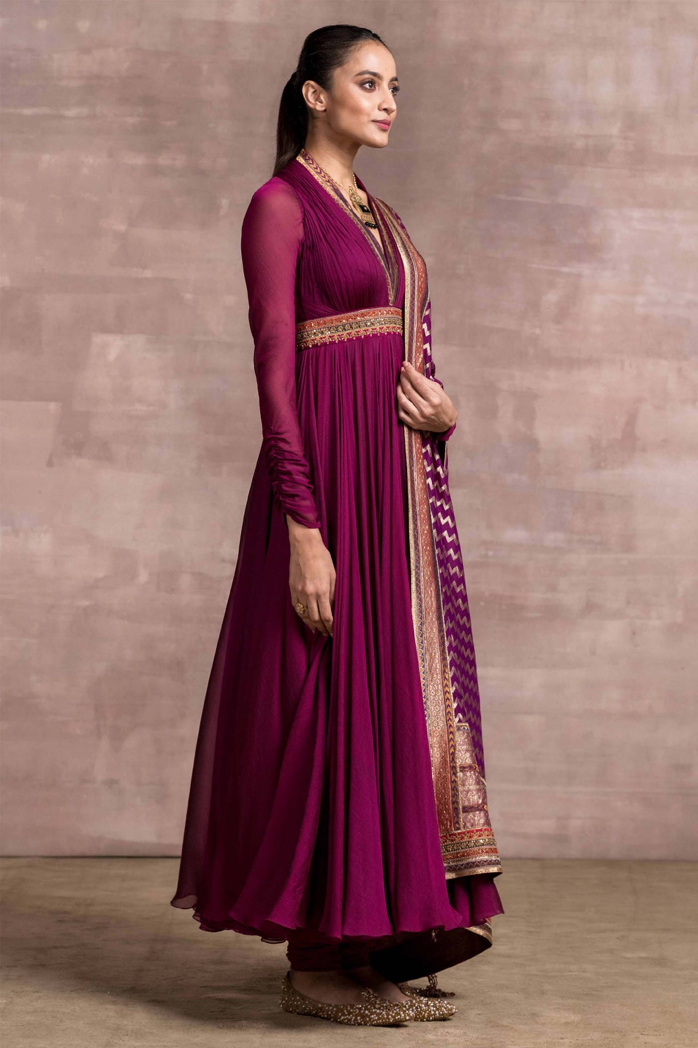 Tarun Tahiliani Draped Anarkali In Shot Chiffon Fabric With Handloom Dupatta And Churidar festive indian designer wear online shopping melange singapore