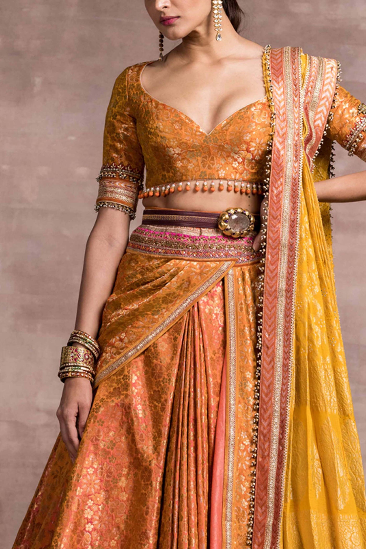 Tarun Tahiliani Draped Brocade Lehenga With Detachable Kamarbandh Drape Blouse And Dupatta orange festive indian designer wear wedding bridal online shopping melange singapore