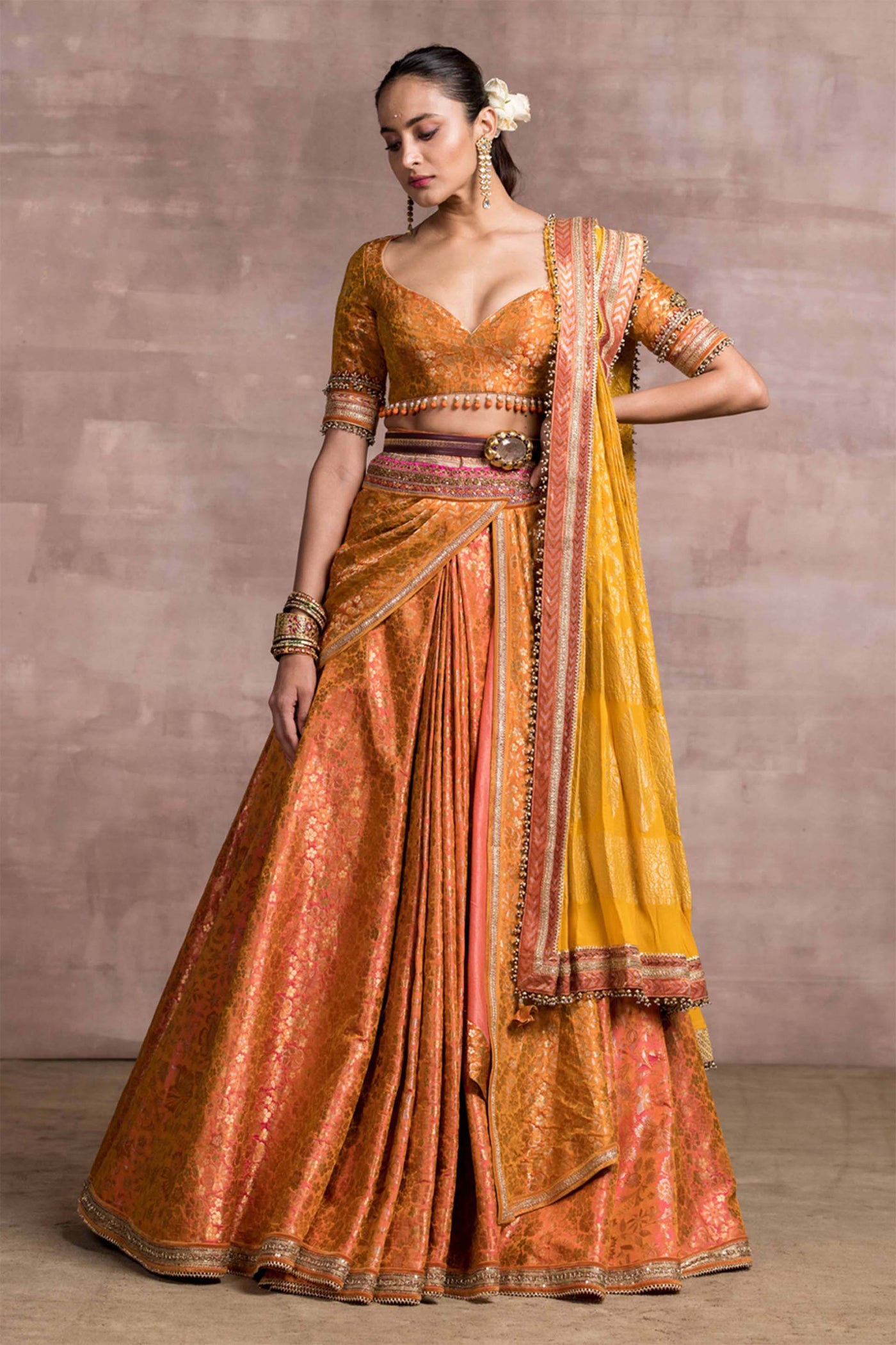 Tarun Tahiliani Draped Brocade Lehenga With Detachable Kamarbandh Drape Blouse And Dupatta orange festive indian designer wear wedding bridal online shopping melange singapore