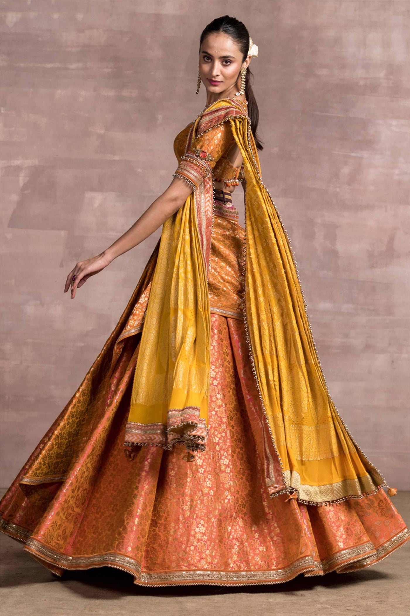 Tarun Tahiliani Draped Brocade Lehenga With Detachable Kamarbandh Drape Blouse And Dupatta orange festive indian designer wear wedding bridal online shopping melange singapore