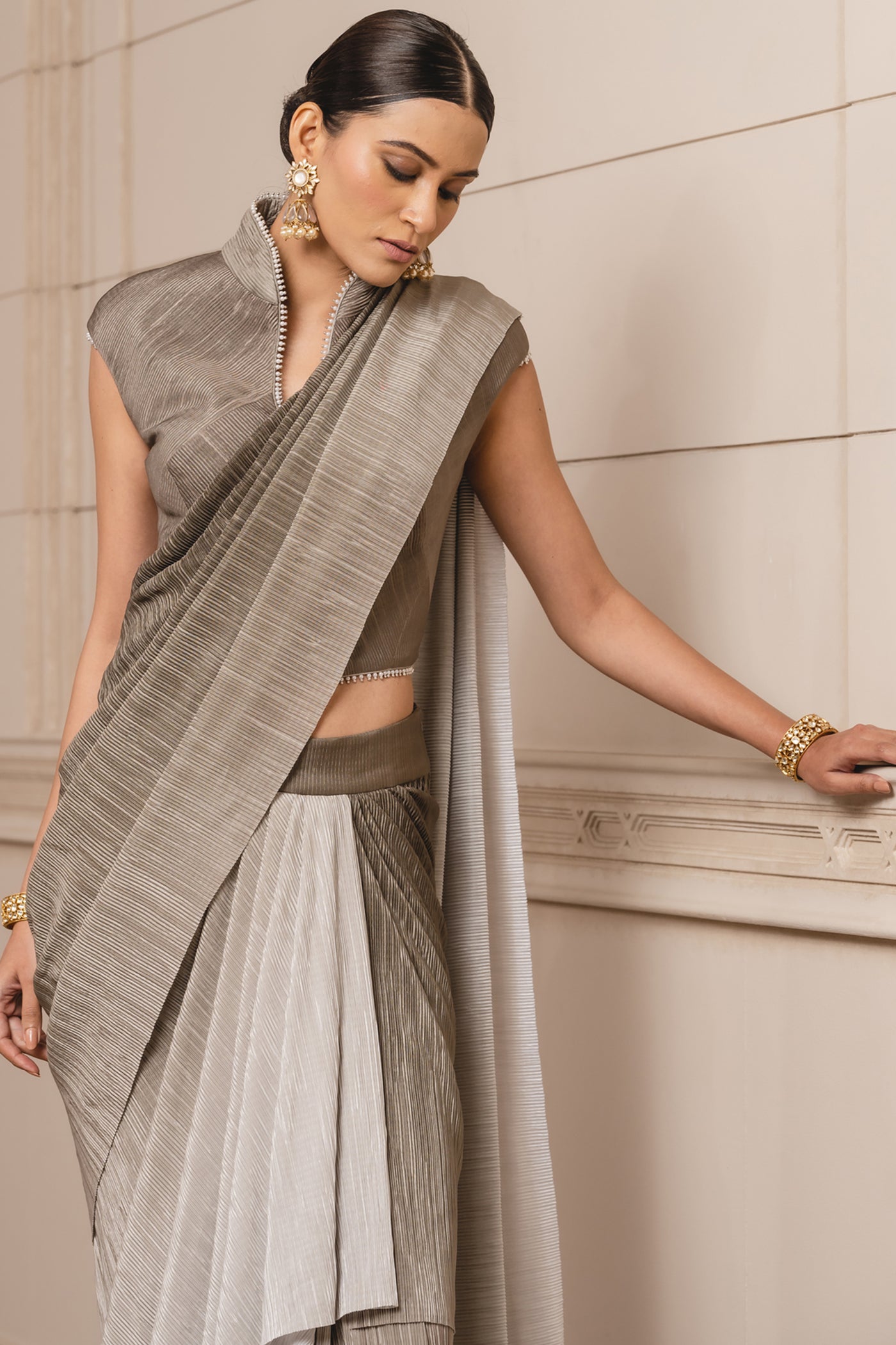 Tarun Tahiliani Draped Concept Saree And Corset oyster grey online shopping melange singapore indian designer wear