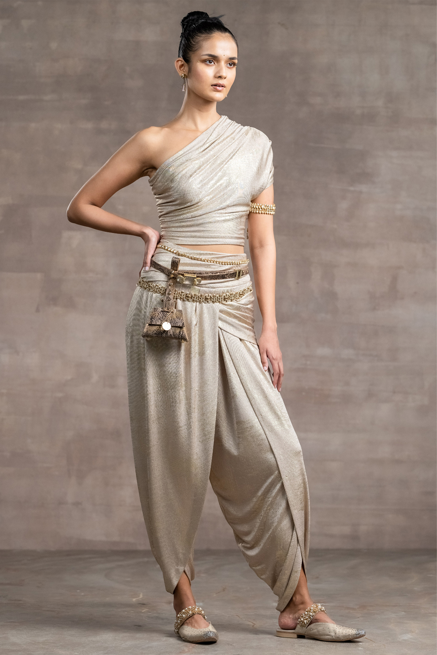 Tarun tahiliani Draped Dhoti Pants And Top gold indian designer wear bridal wedding online shopping melange singapore