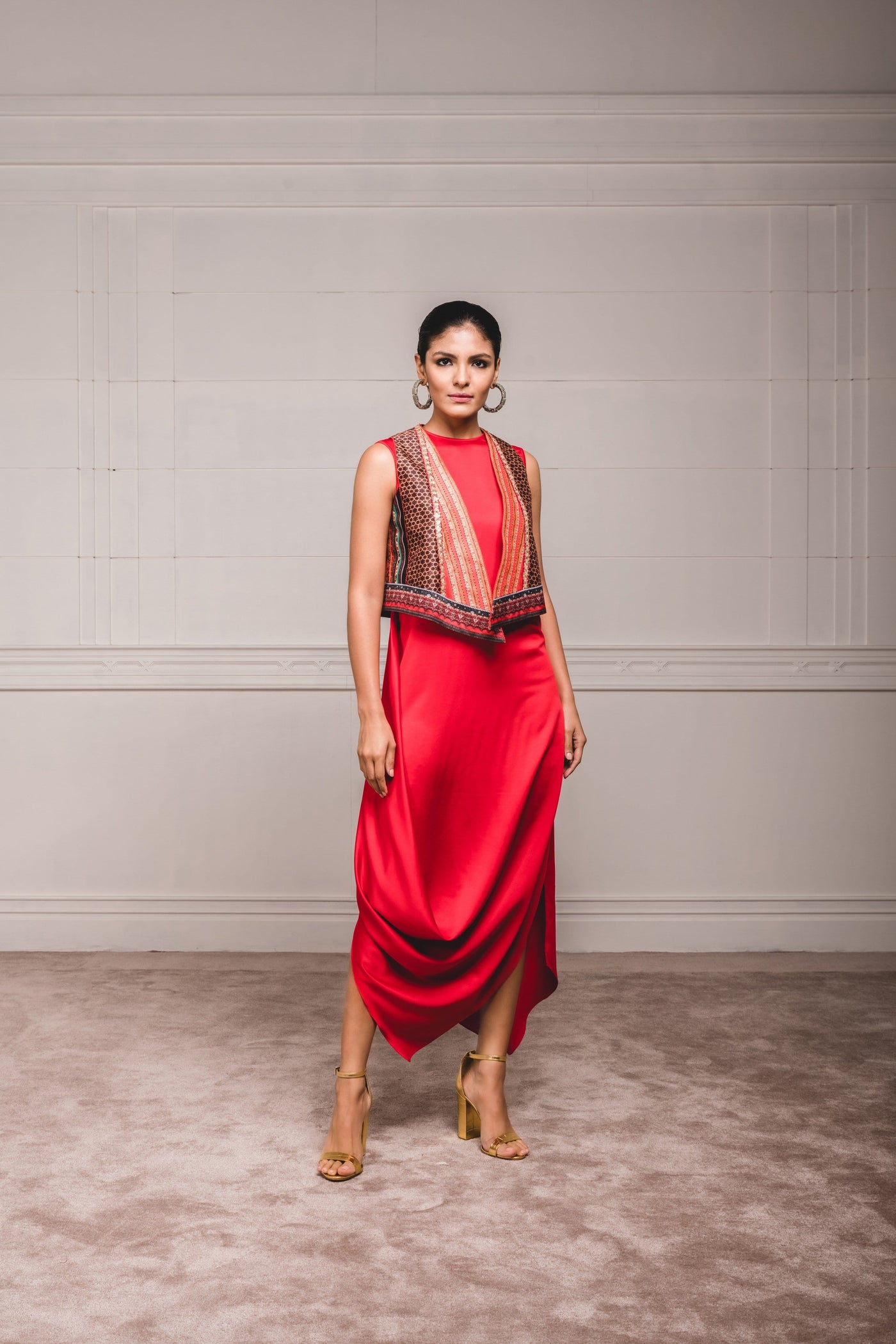 Tarun Tahilianir - Draped dress paired with embroidered gillet - Melange Singapore - Indian Designer Wear Online Shopping
