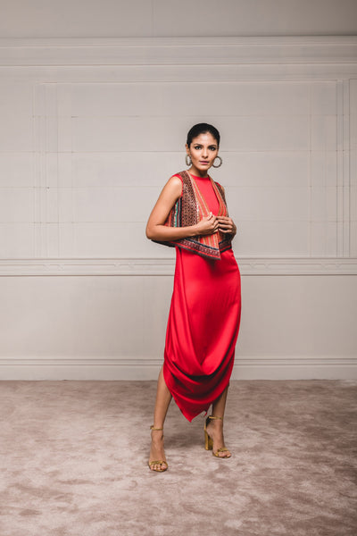 Tarun Tahilianir - Draped dress paired with embroidered gillet - Melange Singapore - Indian Designer Wear Online Shopping