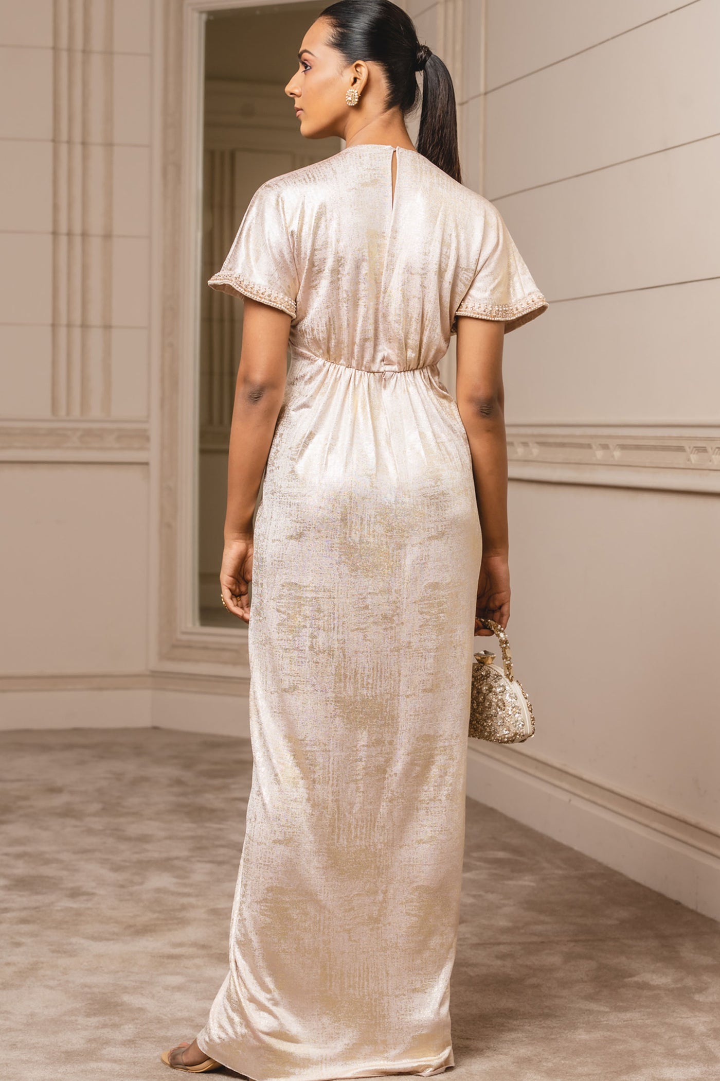 Tarun tahiliani Draped Foil Jersey Dress blush indian designer wear bridal wedding online shopping melange singapore