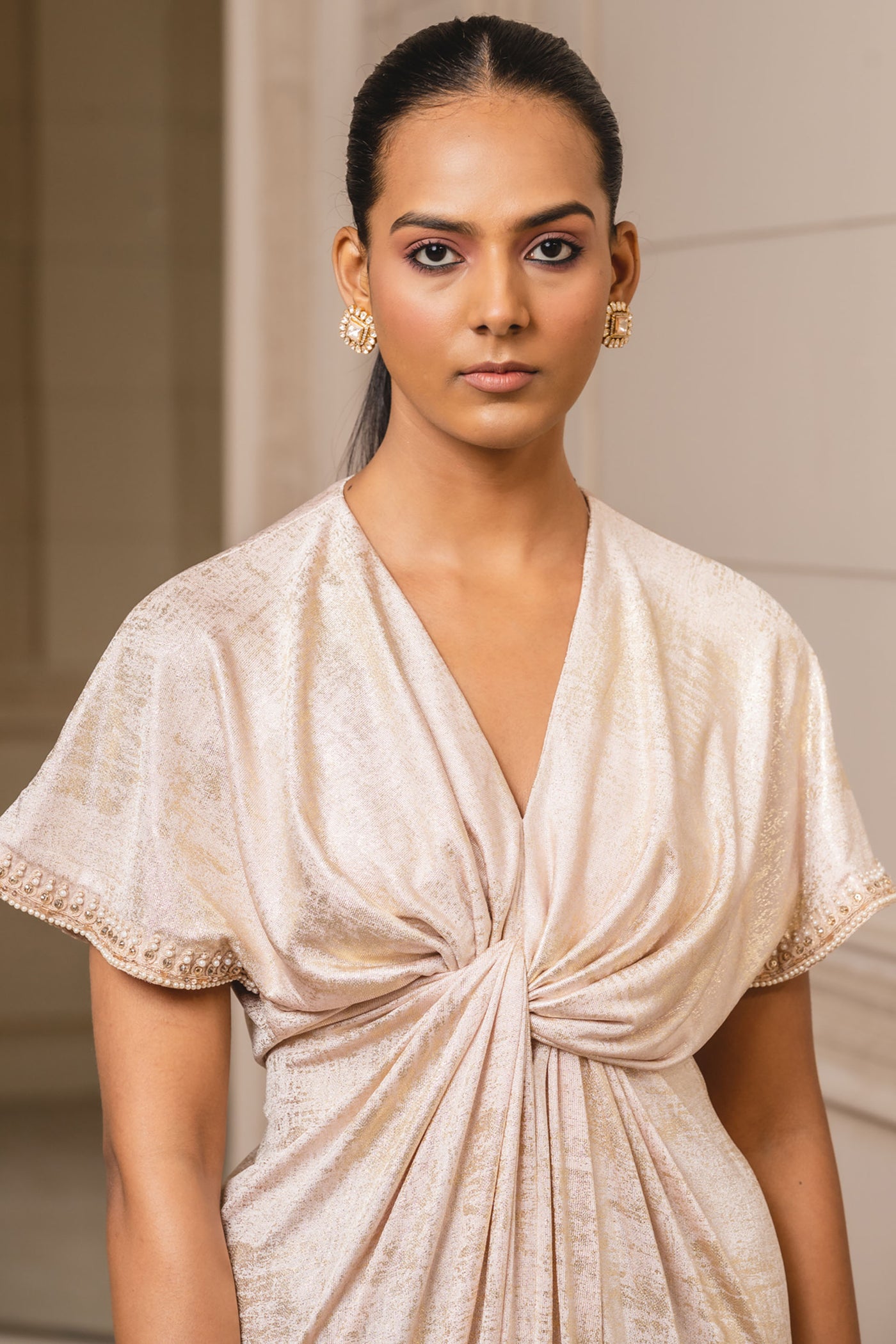 Tarun tahiliani Draped Foil Jersey Dress blush indian designer wear bridal wedding online shopping melange singapore
