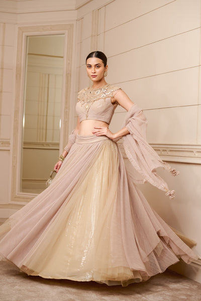 Tarun Tahiliani Draped Lehenga With Fluted Blouse gold festive indian designer wear online shopping melange singapore