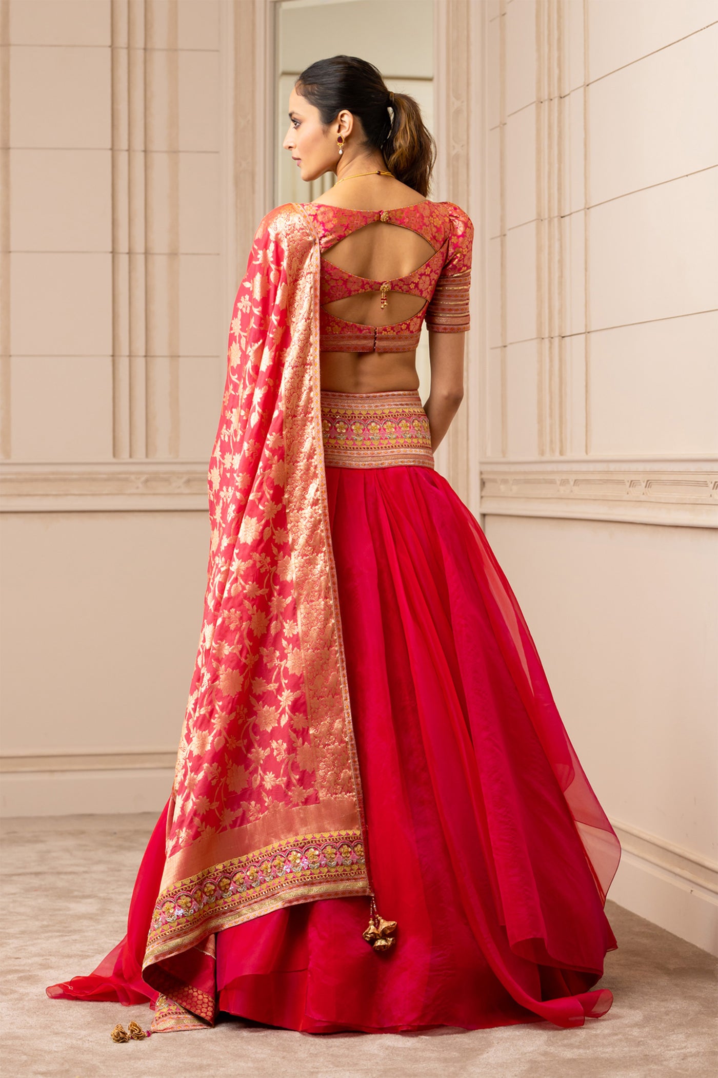 Tarun tahiliani Draped Organza Lehenga With Brocade Blouse fuchsia pink festive occasion indian designer wear online shopping melange singapore