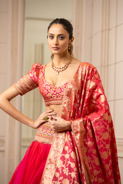 Tarun tahiliani Draped Organza Lehenga With Brocade Blouse fuchsia pink festive occasion indian designer wear online shopping melange singapore