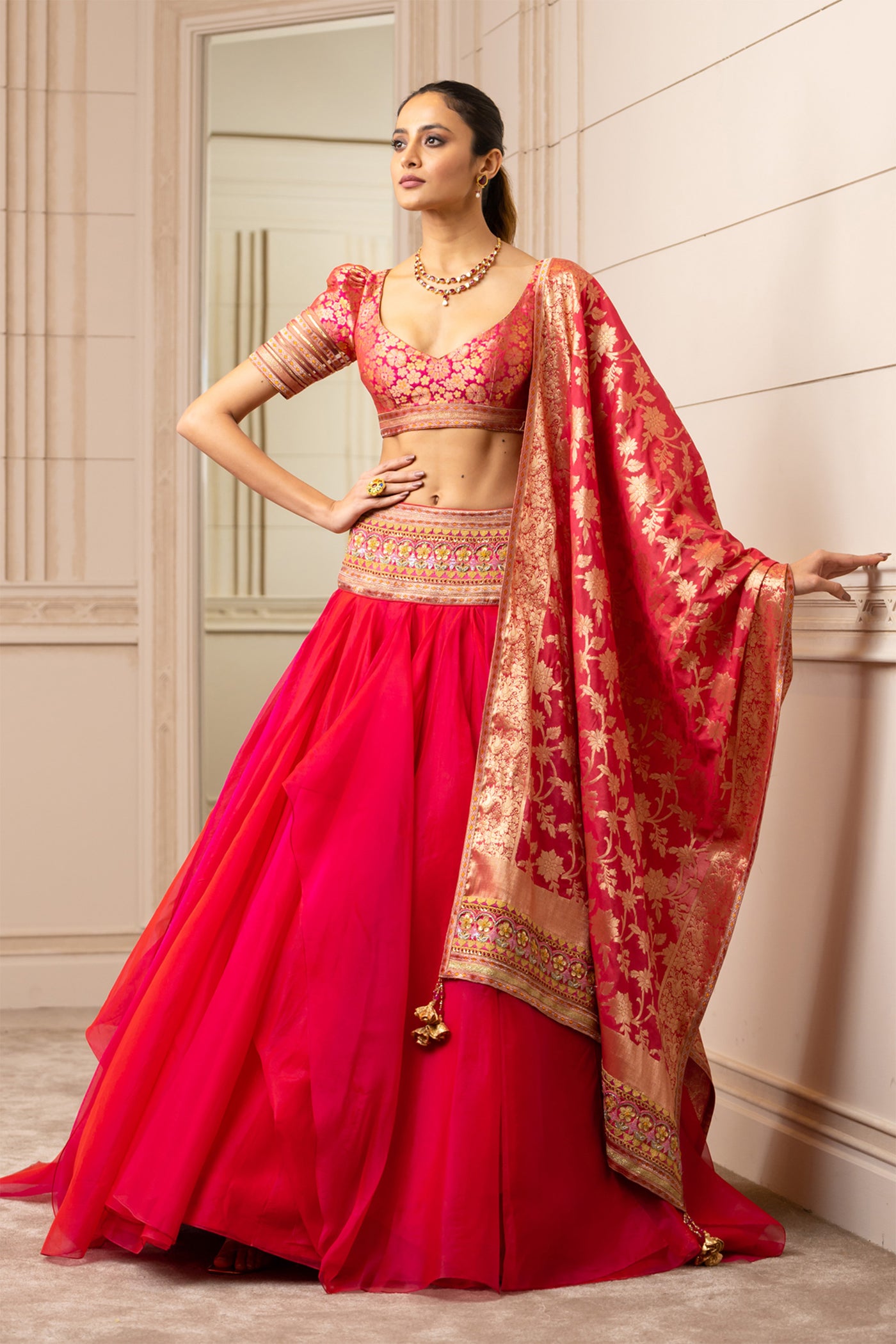 Tarun tahiliani Draped Organza Lehenga With Brocade Blouse fuchsia pink festive occasion indian designer wear online shopping melange singapore