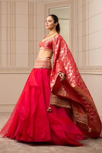 Tarun tahiliani Draped Organza Lehenga With Brocade Blouse fuchsia pink festive occasion indian designer wear online shopping melange singapore