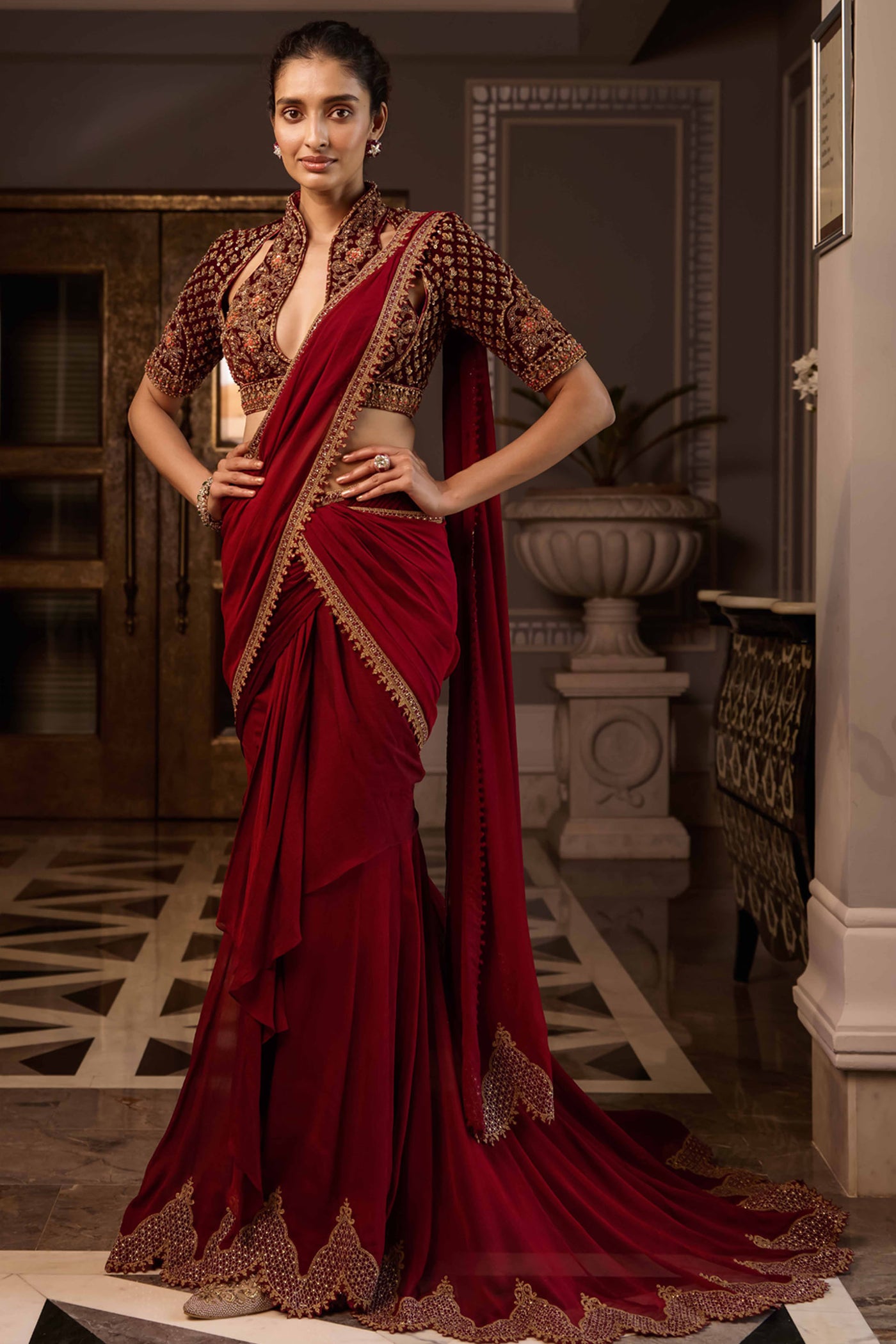 Tarun Tahiliani Draped Saree With Velvet Blouse plum festive indian designer wear online shopping melange singapore