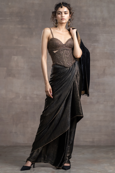 Tarun tahiliani Draped Skirt With blouse And belt metallic black indian designer wear bridal wedding online shopping melange singapore
