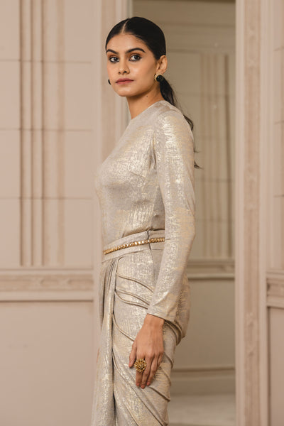 Tarun tahiliani Draped Skirt And Bodysuit oyster indian designer wear bridal wedding online shopping melange singapore