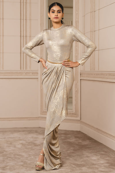 Tarun tahiliani Draped Skirt And Bodysuit oyster indian designer wear bridal wedding online shopping melange singapore