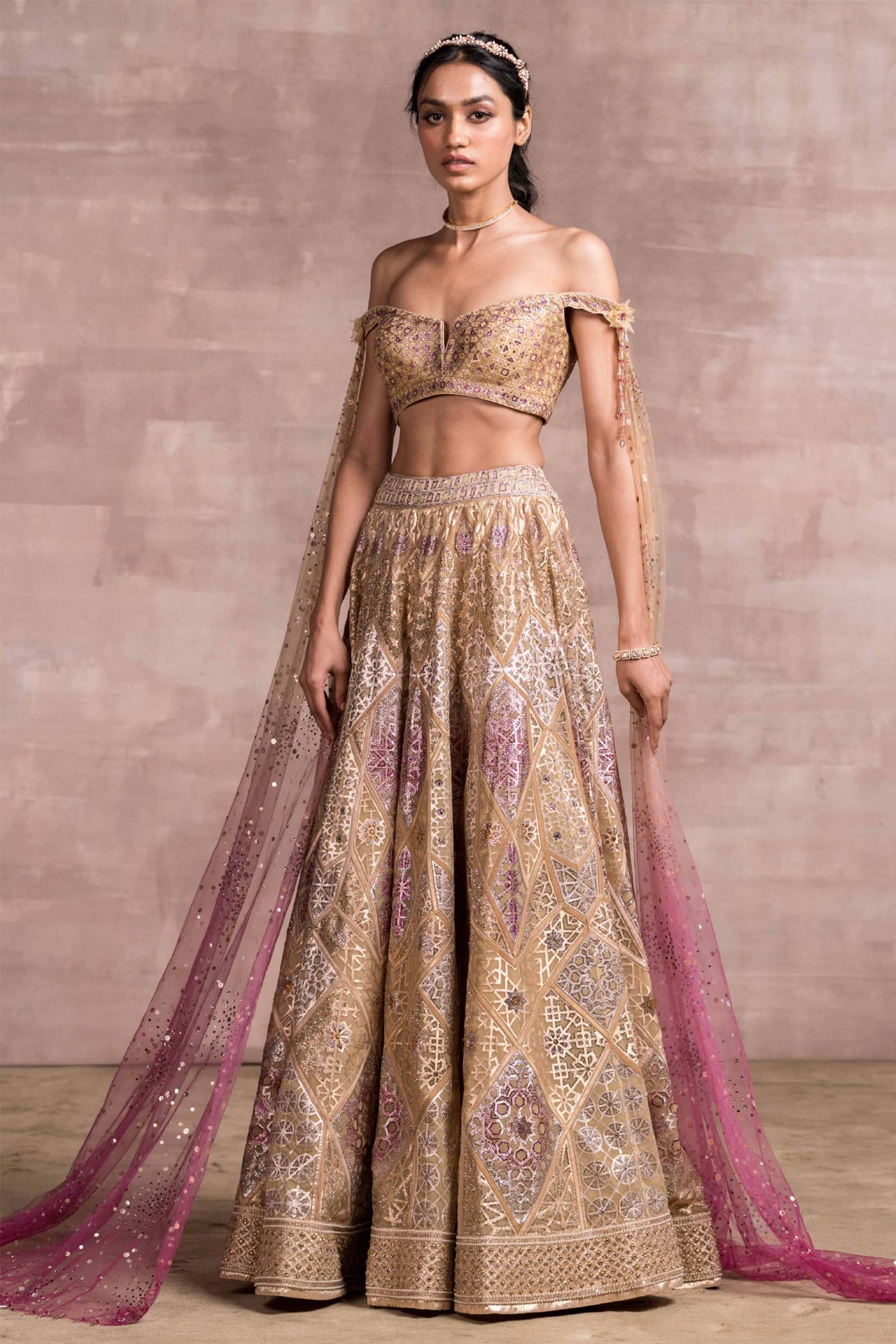 Tarun Tahiliani Embellished Laser-Cut Gota Lehenga With Blouse pink bridal indian wedding designer wear online shopping melange singapore