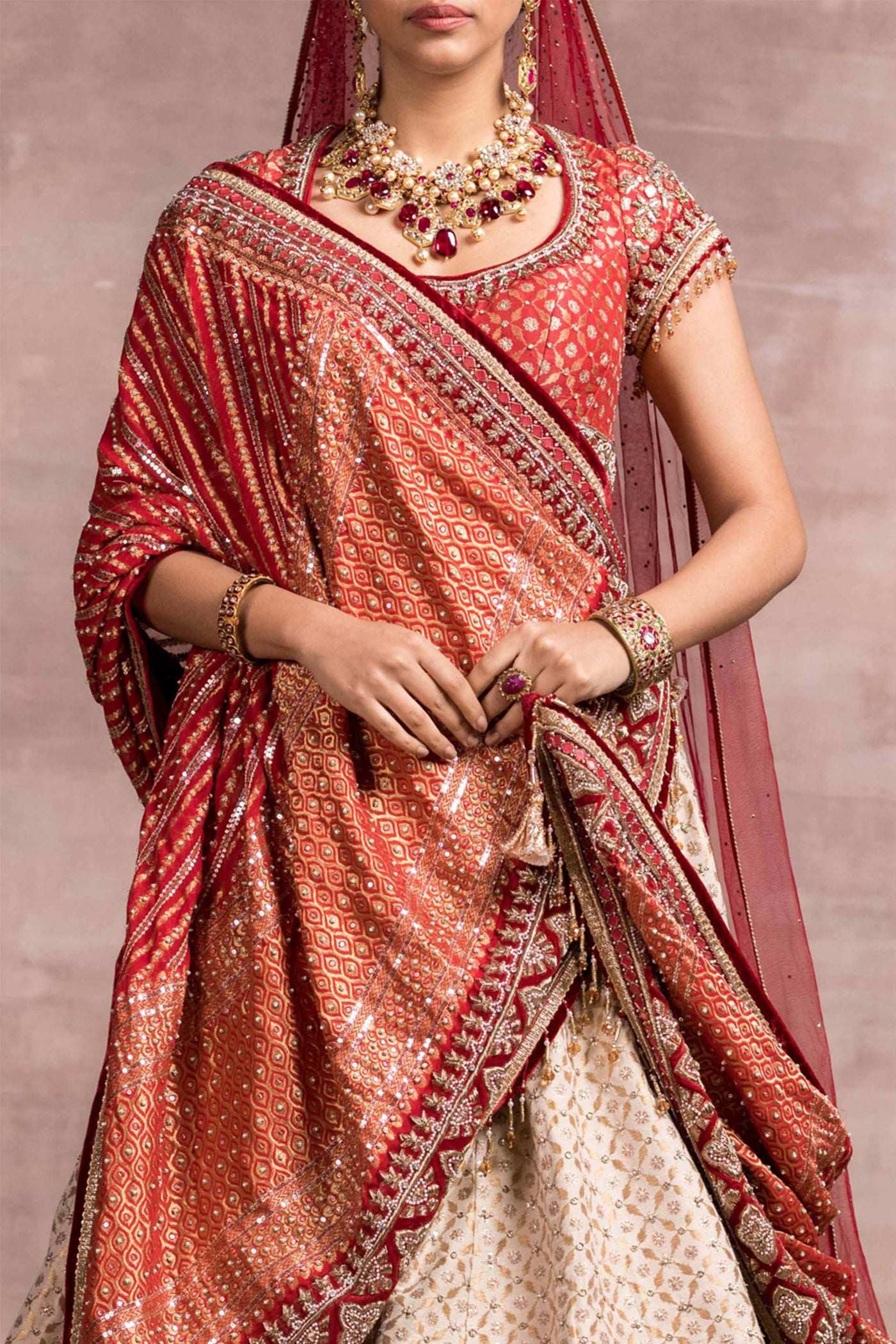 Tarun Tahiliani Embroidered Brocade Lehenga With Blouse ivory red indian bridal wedding designer wear online shopping melange singapore
