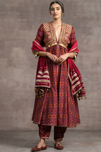 Tarun tahiliani Embroidered Ikat Kurta With Dhoti  maroon indian designer wear bridal wedding online shopping melange singapore