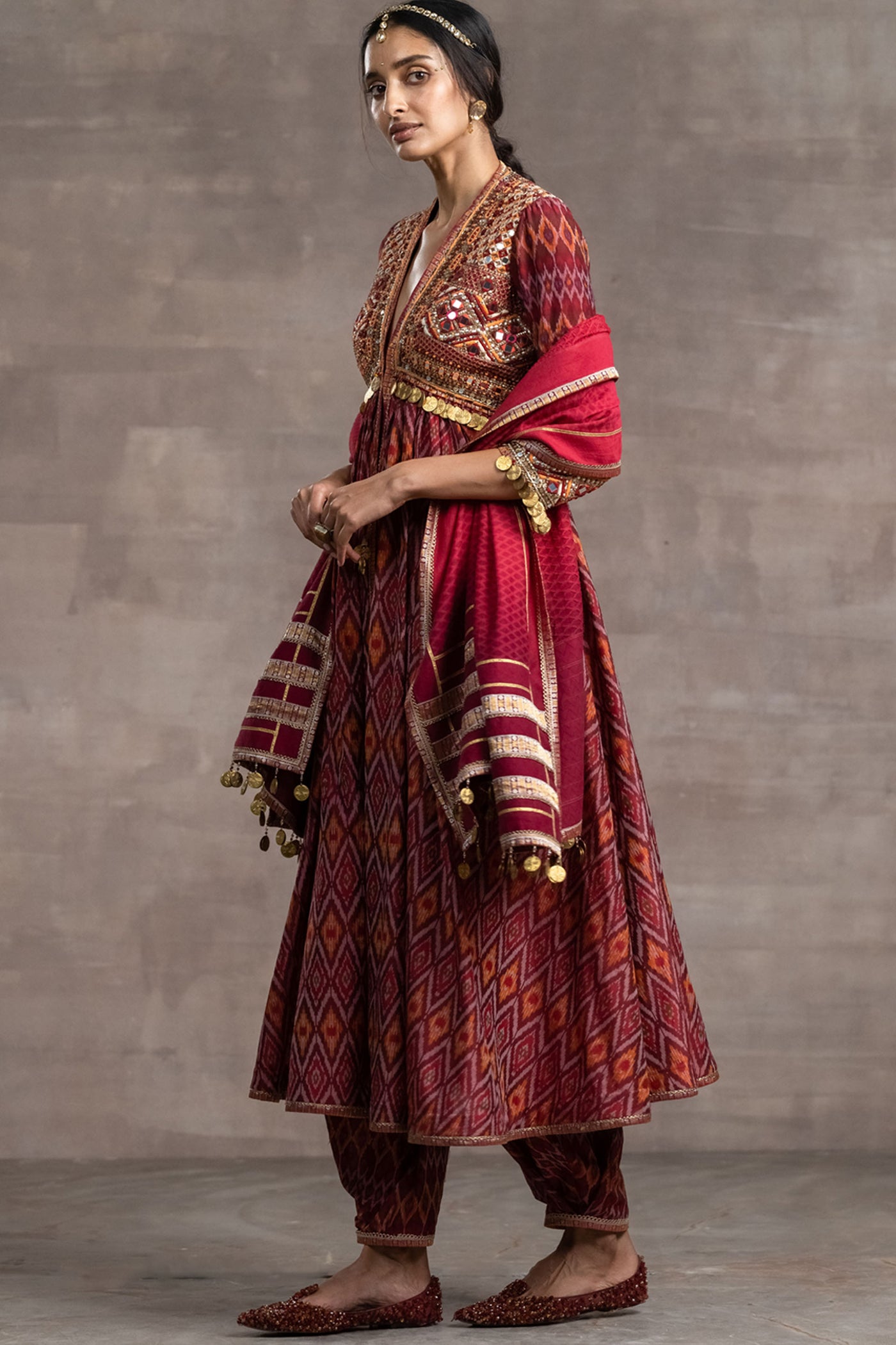 Tarun tahiliani Embroidered Ikat Kurta With Dhoti  maroon indian designer wear bridal wedding online shopping melange singapore