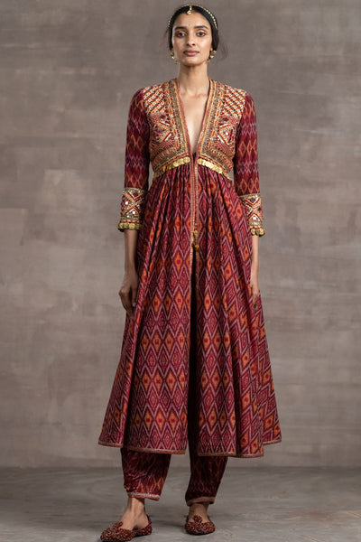 Tarun tahiliani Embroidered Ikat Kurta With Dhoti  maroon indian designer wear bridal wedding online shopping melange singapore