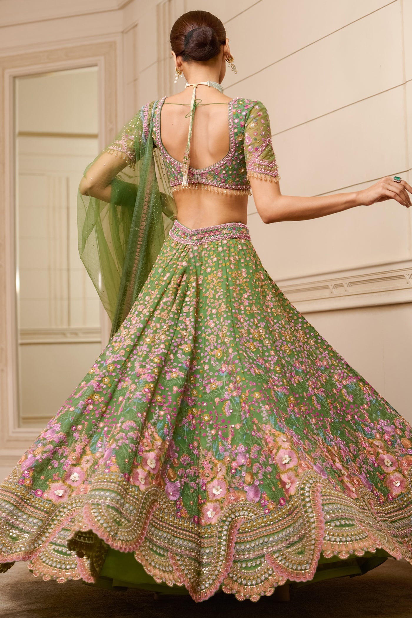 Tarun Tahiliani Embroidered Lehenga And Blouse With Tulle Dupatta emerald festive indian designer wear online shopping melange singapore bridal wedding