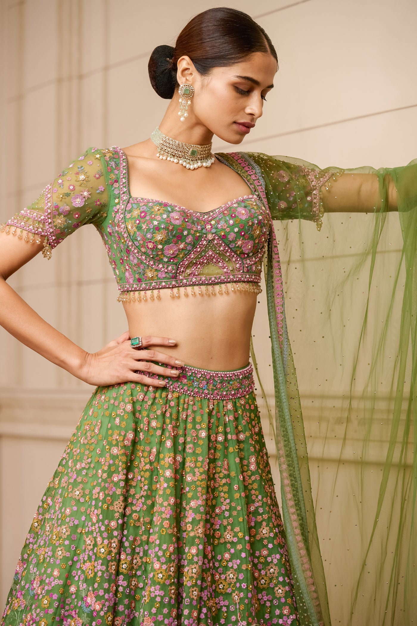 Tarun Tahiliani Embroidered Lehenga And Blouse With Tulle Dupatta emerald festive indian designer wear online shopping melange singapore bridal wedding