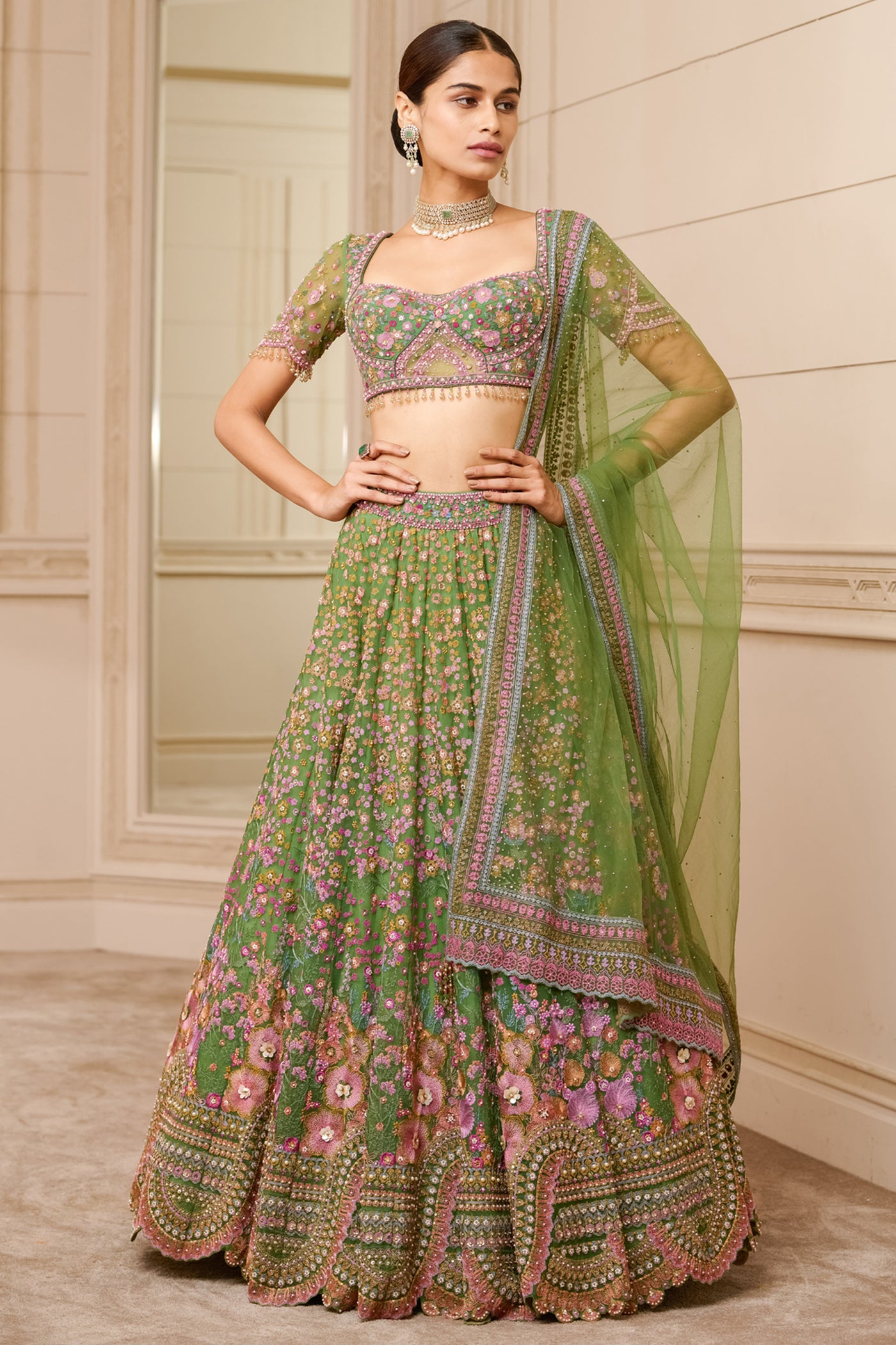 Tarun Tahiliani Embroidered Lehenga And Blouse With Tulle Dupatta emerald festive indian designer wear online shopping melange singapore bridal wedding