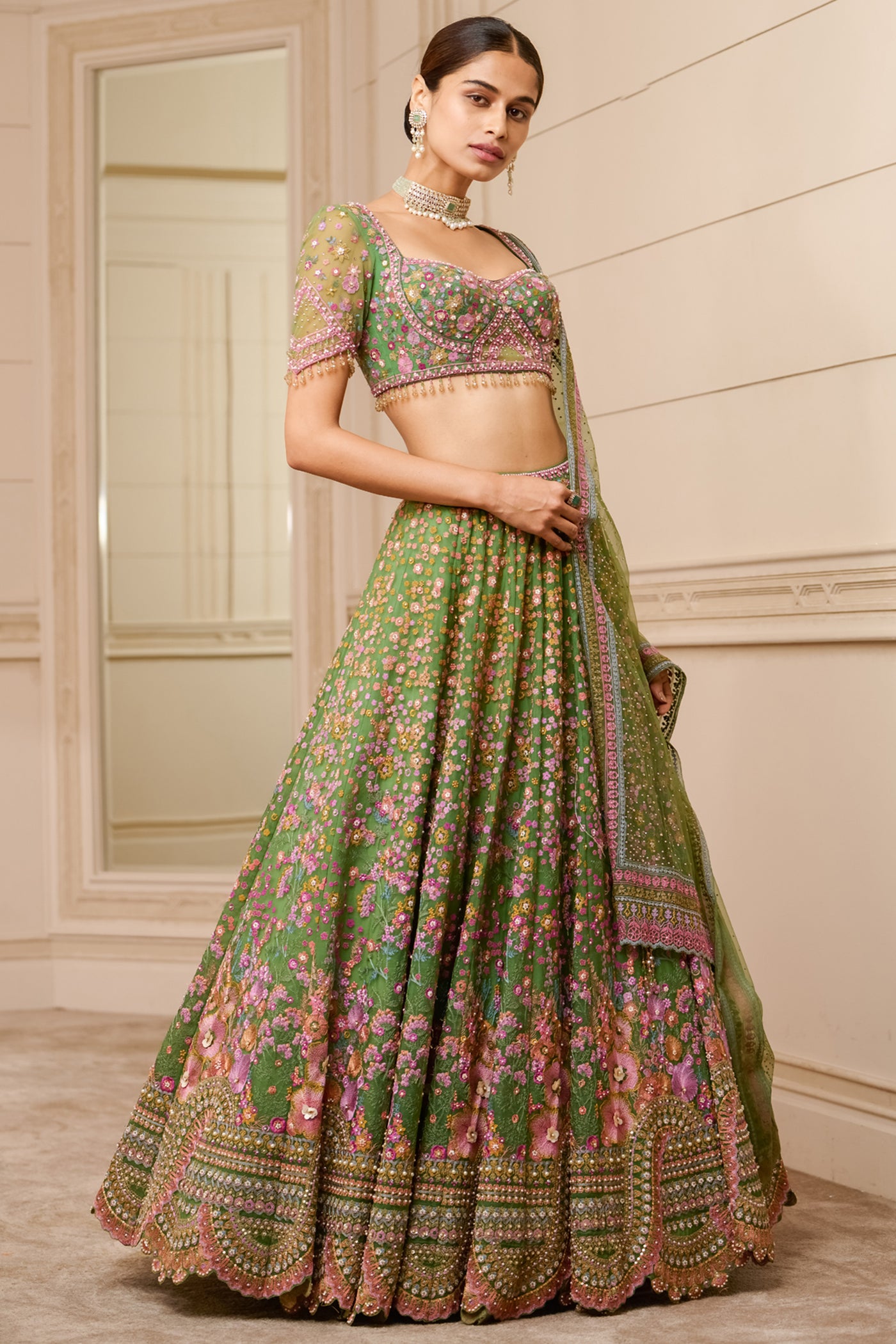 Tarun Tahiliani Embroidered Lehenga And Blouse With Tulle Dupatta emerald festive indian designer wear online shopping melange singapore bridal wedding