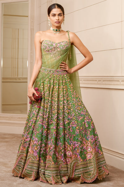 Tarun tahiliani Embroidered Corset And Blouse With Tulle Dupatta emerald festive indian designer wear online shopping melange singapore wedding bridal