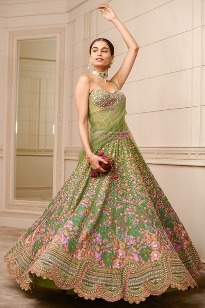 Tarun tahiliani Embroidered Corset And Blouse With Tulle Dupatta emerald festive indian designer wear online shopping melange singapore wedding bridal