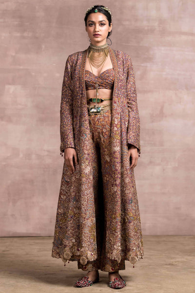 Tarun Tahiliani Embroidered Printed Jacket With Printed Bustier And Narrow Trousers burgundy indian designer bridal wedding wear online shopping melange singapore