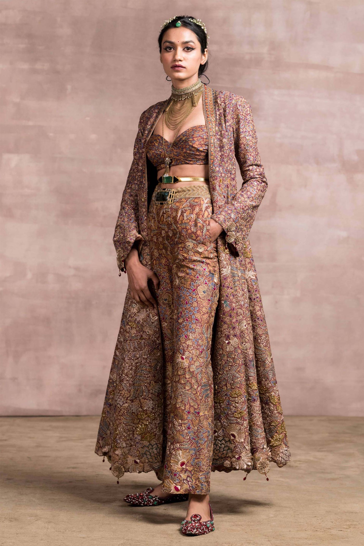 Tarun Tahiliani Embroidered Printed Jacket With Printed Bustier And Narrow Trousers burgundy indian designer bridal wedding wear online shopping melange singapore